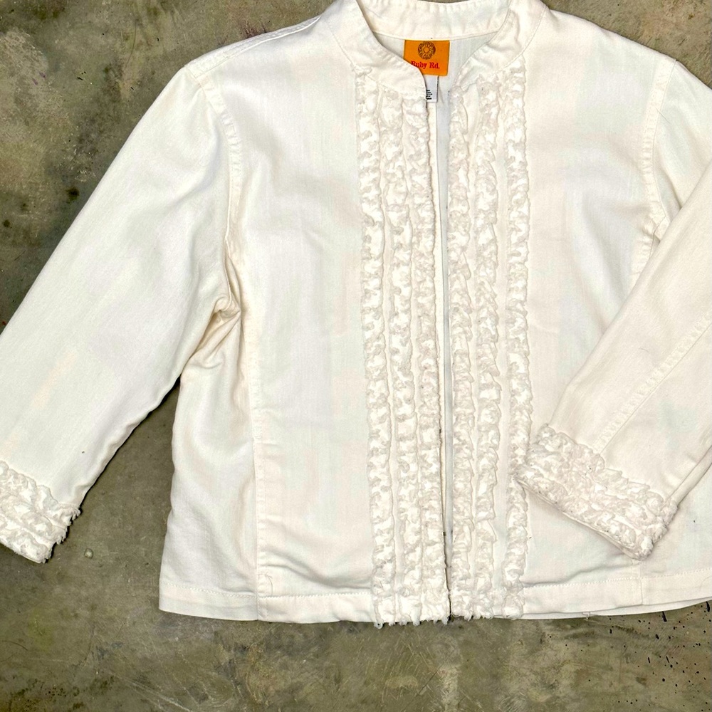 RUBY RD - Women’s JACKET Blazer RUFFLE Sz 10 - WHITE